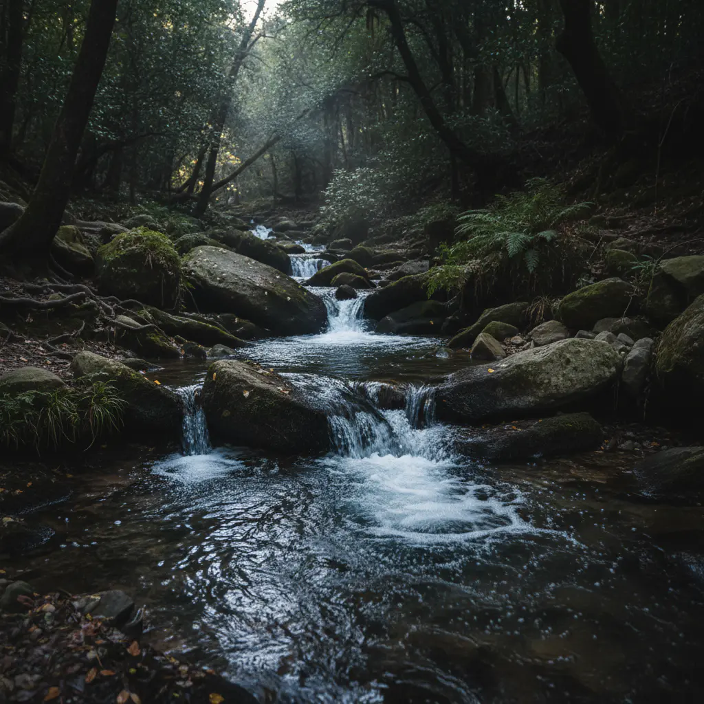 Fluxo contínuo de água cristalina sobre pedras de um rio florestal