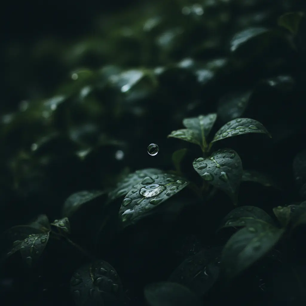 Gota d'água caindo sobre folhagem verde escura
