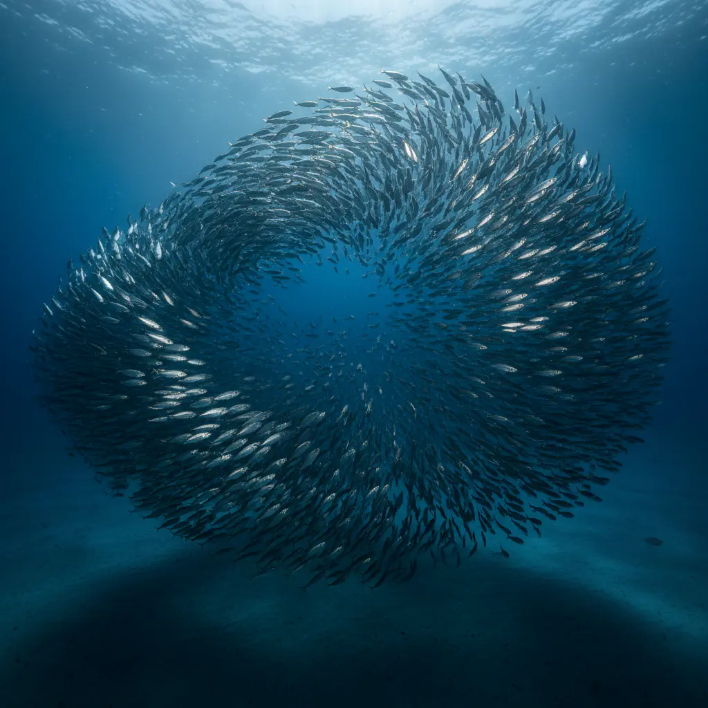 Cardume de peixes em movimento sincronizado nas águas claras