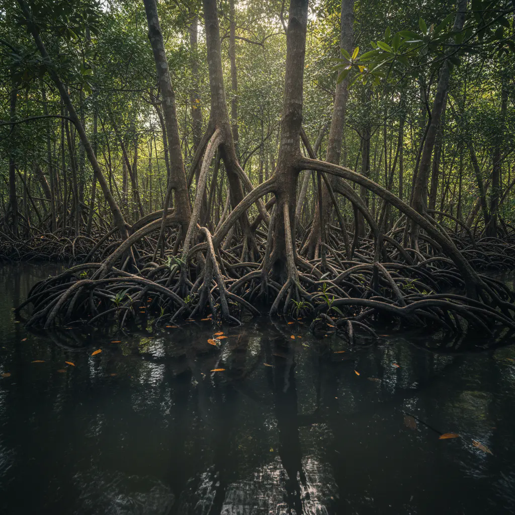 Estrutura intrincada de raízes marginais parcialmente submersas