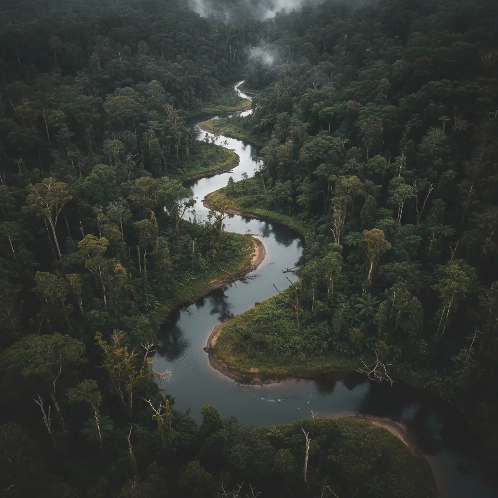Vista aérea cinematográfica de um rio sinuoso cortando uma densa floresta úmida
