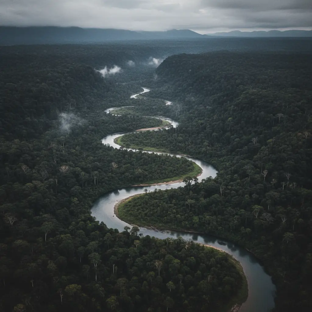 Visão aérea de um rio serpenteando por uma vegetação densa
