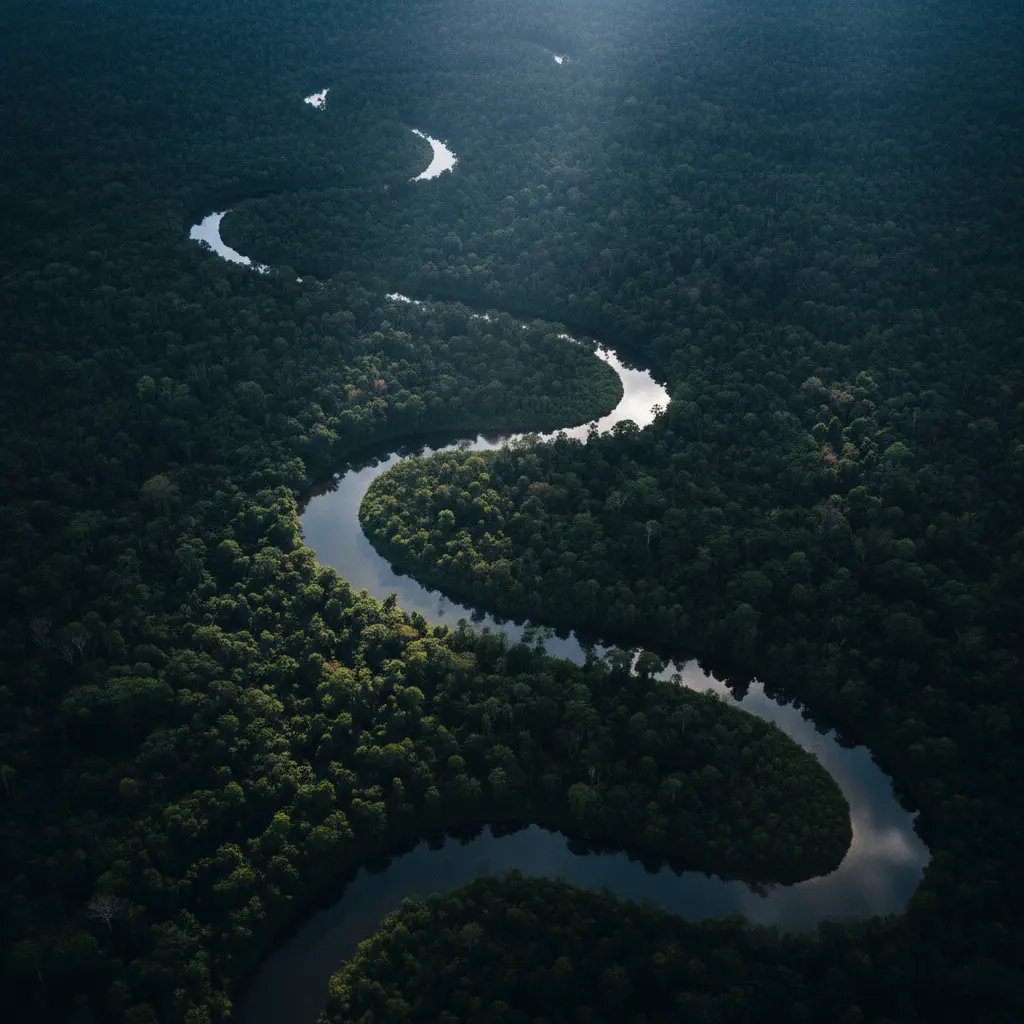 Vista aérea de um rio sinuoso cortando a floresta densa