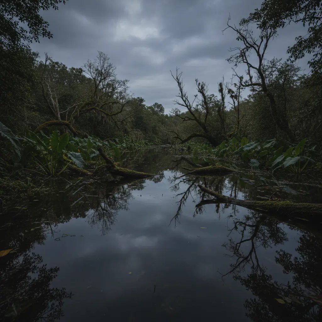 Espelho d'água refletindo a vegetação durante a cheia